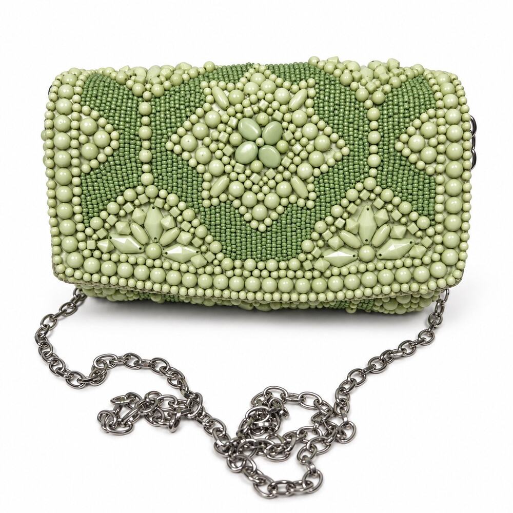 Vintage Beaded Clutch Evening Bag Sage Green Floral Chain Strap Womens